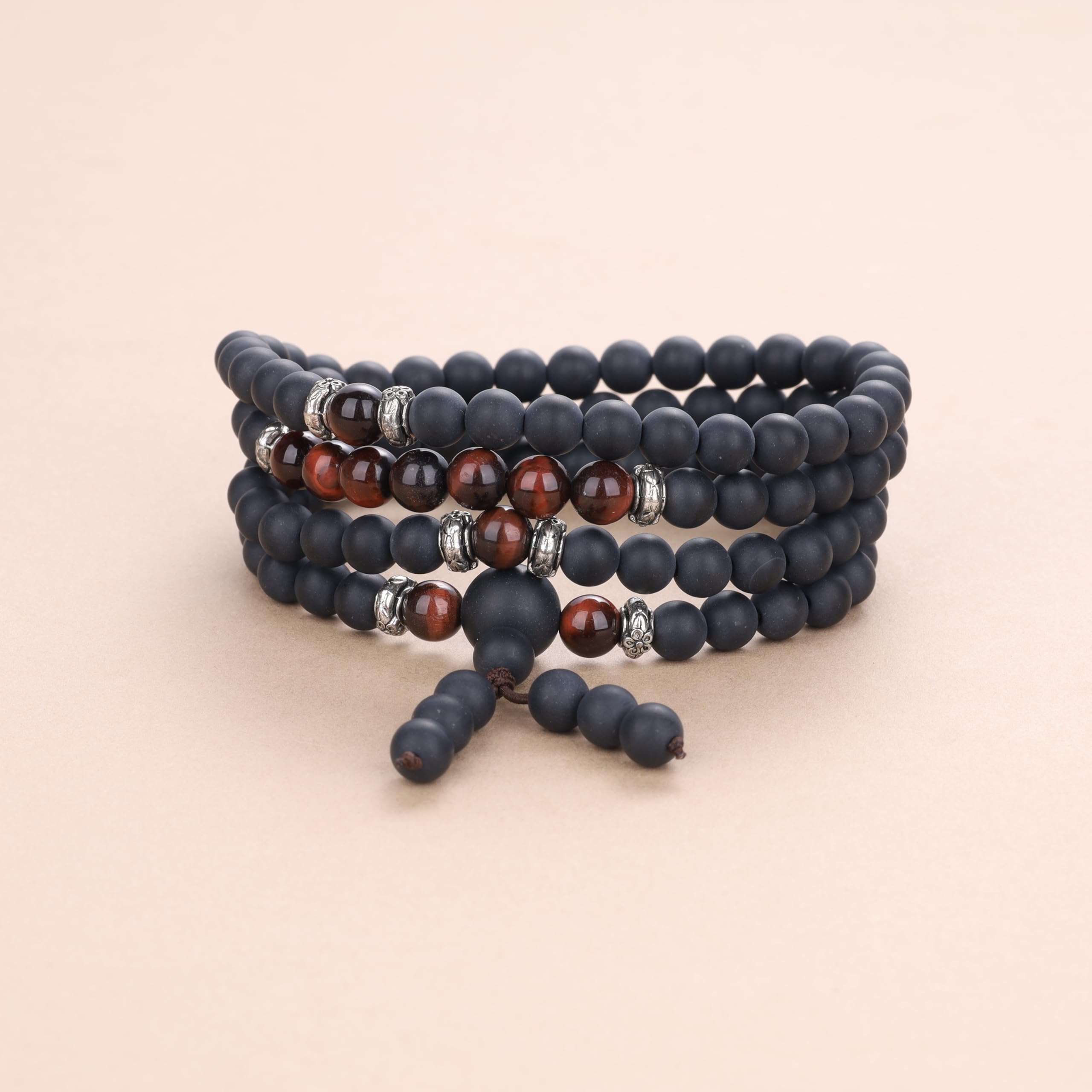 COAI Tibetan 108 Mala Beads Red Tiger Eye Matte Onyx Stone Wrap Bracelet Necklace - Image 6